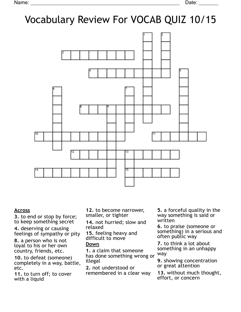 Vocabulary Review For VOCAB QUIZ 10/15 Crossword