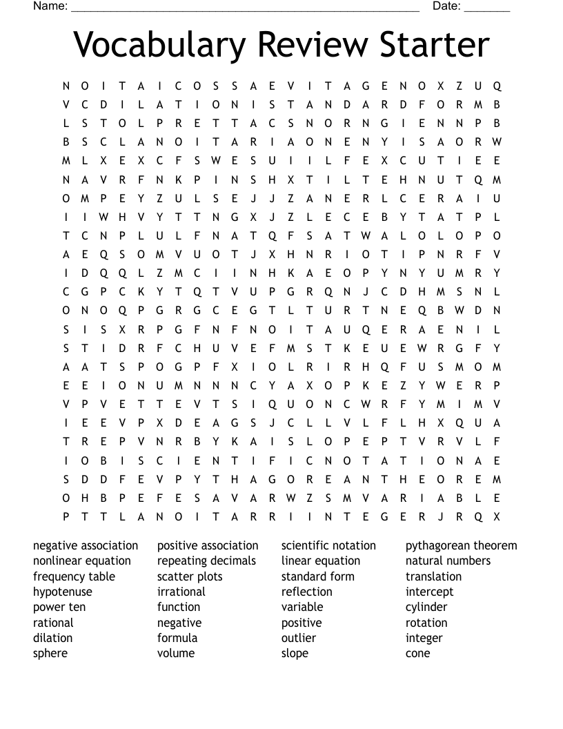 Vocabulary Review Starter Word Search