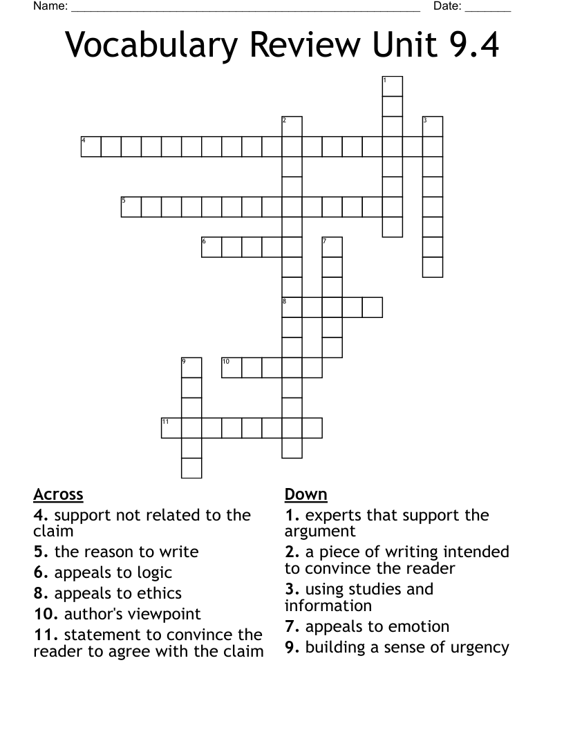 Vocabulary Review Unit 9.4 Crossword