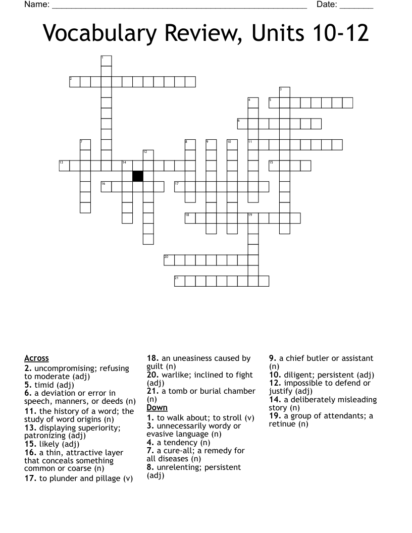 Vocabulary Review, Units 10-12 Crossword