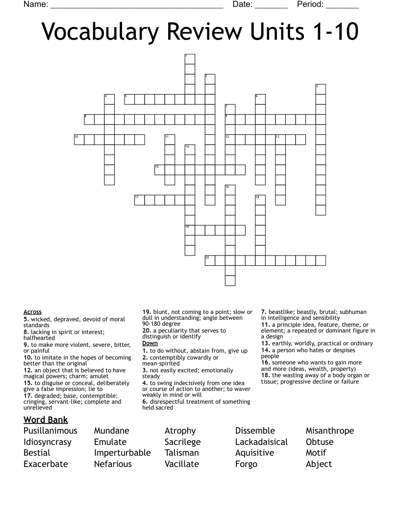 Vocabulary Review Units 1-10 Crossword