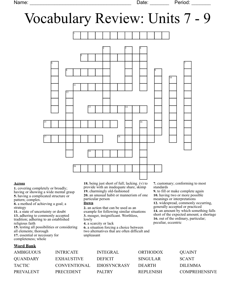 Vocabulary Review: Units 7 - 9 Crossword