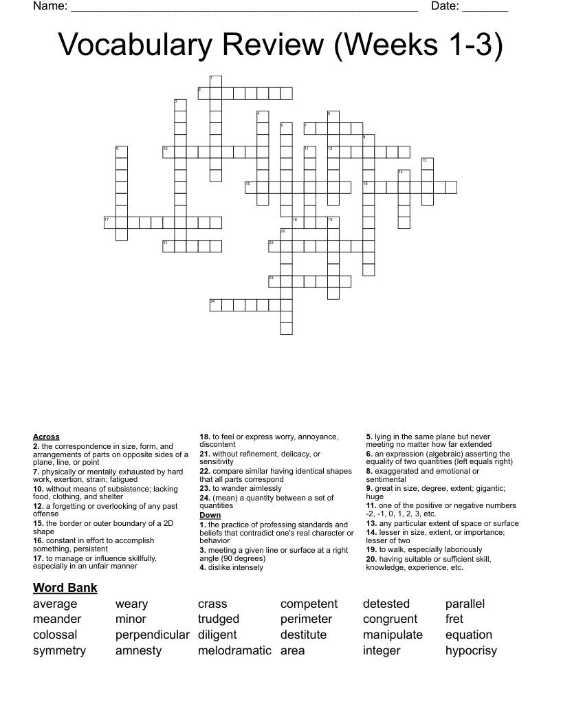 Vocabulary Review (Weeks 1-3) Crossword