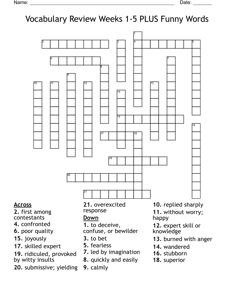 Vocabulary Review Weeks 1-5 PLUS Funny Words  Crossword