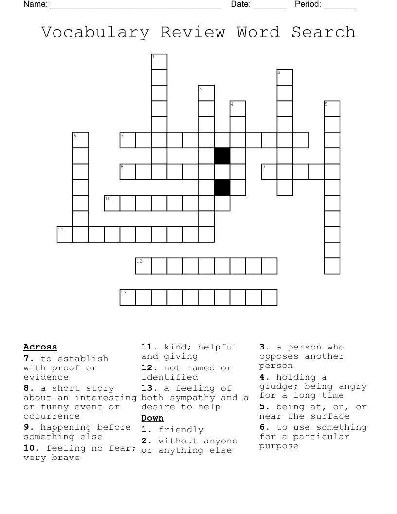 Vocabulary Review Word Search Crossword