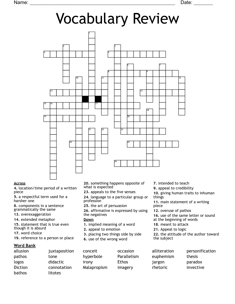Vocabulary Review  Crossword