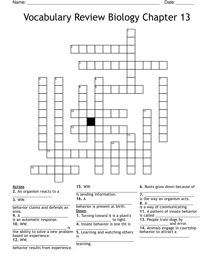Vocabulary Review  Biology Chapter 13 Crossword