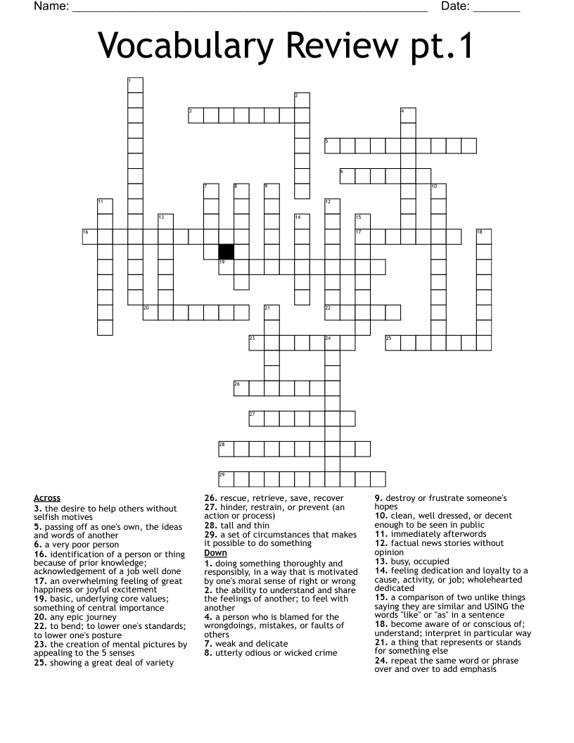 Vocabulary Review pt.1 Crossword