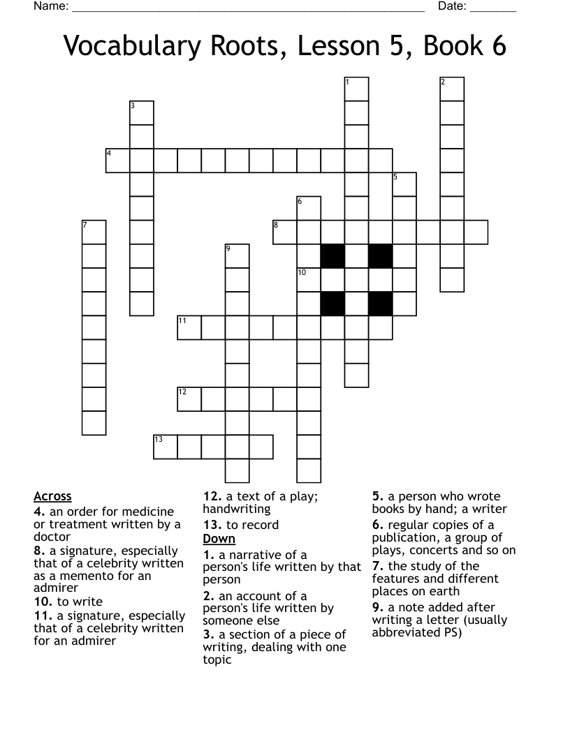 Vocabulary Roots, Lesson 5, Book 6  Crossword