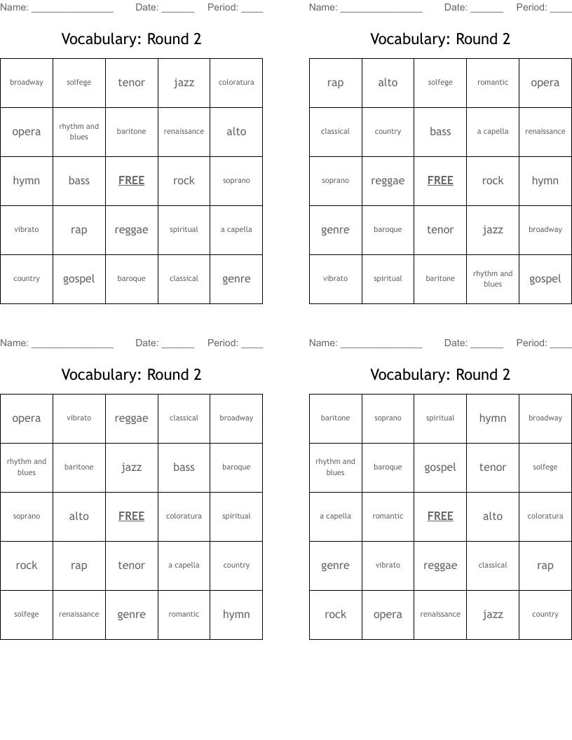 Vocabulary: Round 2  Bingo Cards