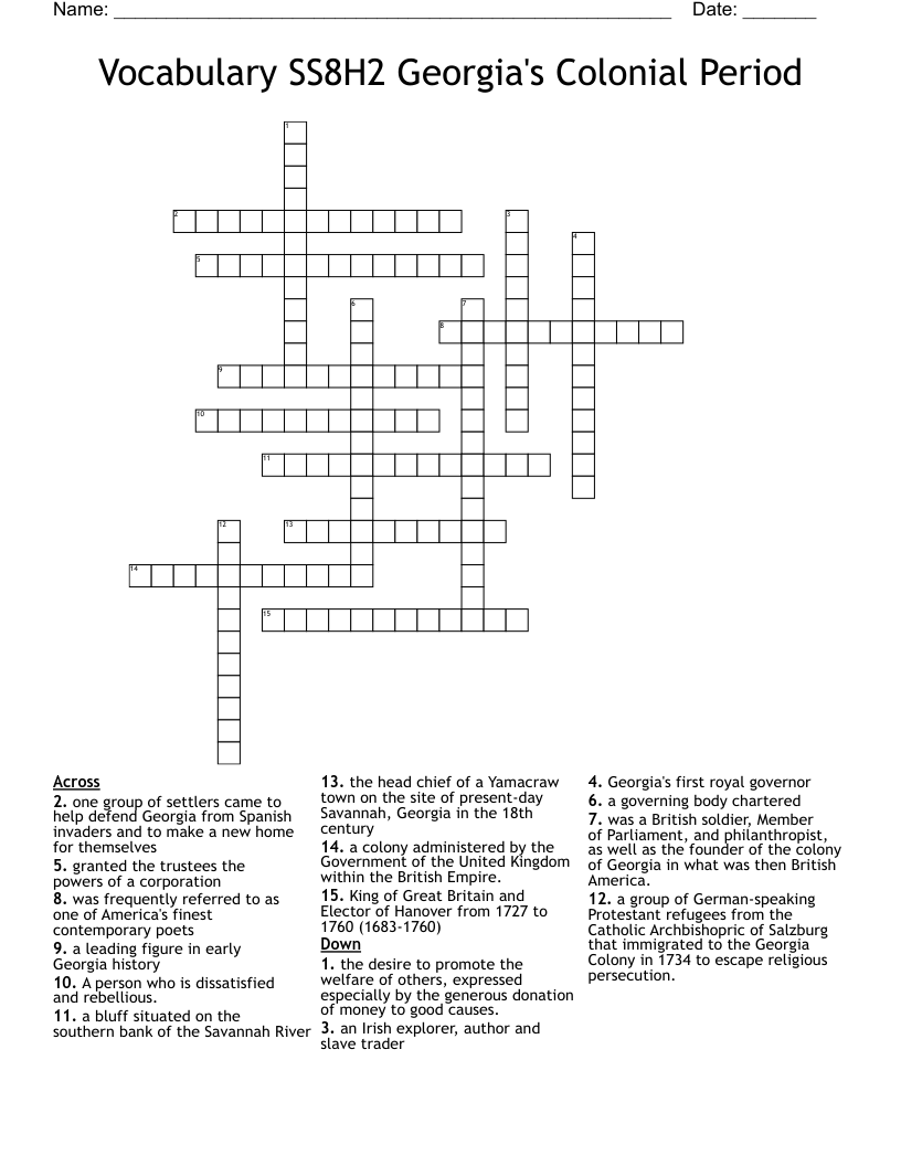 Vocabulary SS8H2 Georgia's Colonial Period  Crossword