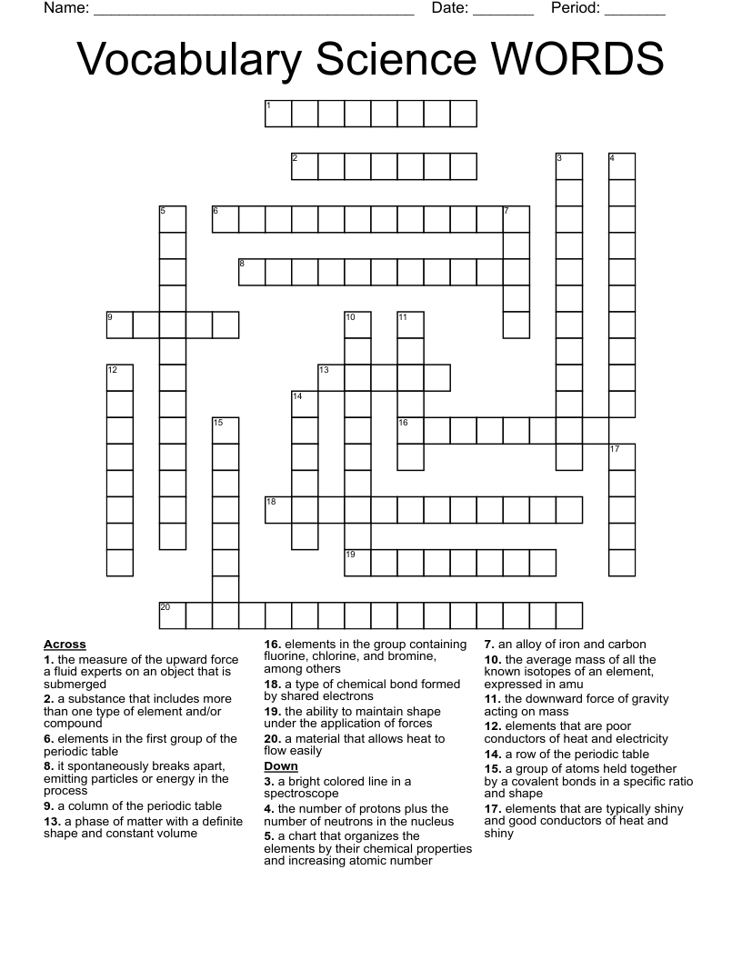 Vocabulary Science WORDS Crossword