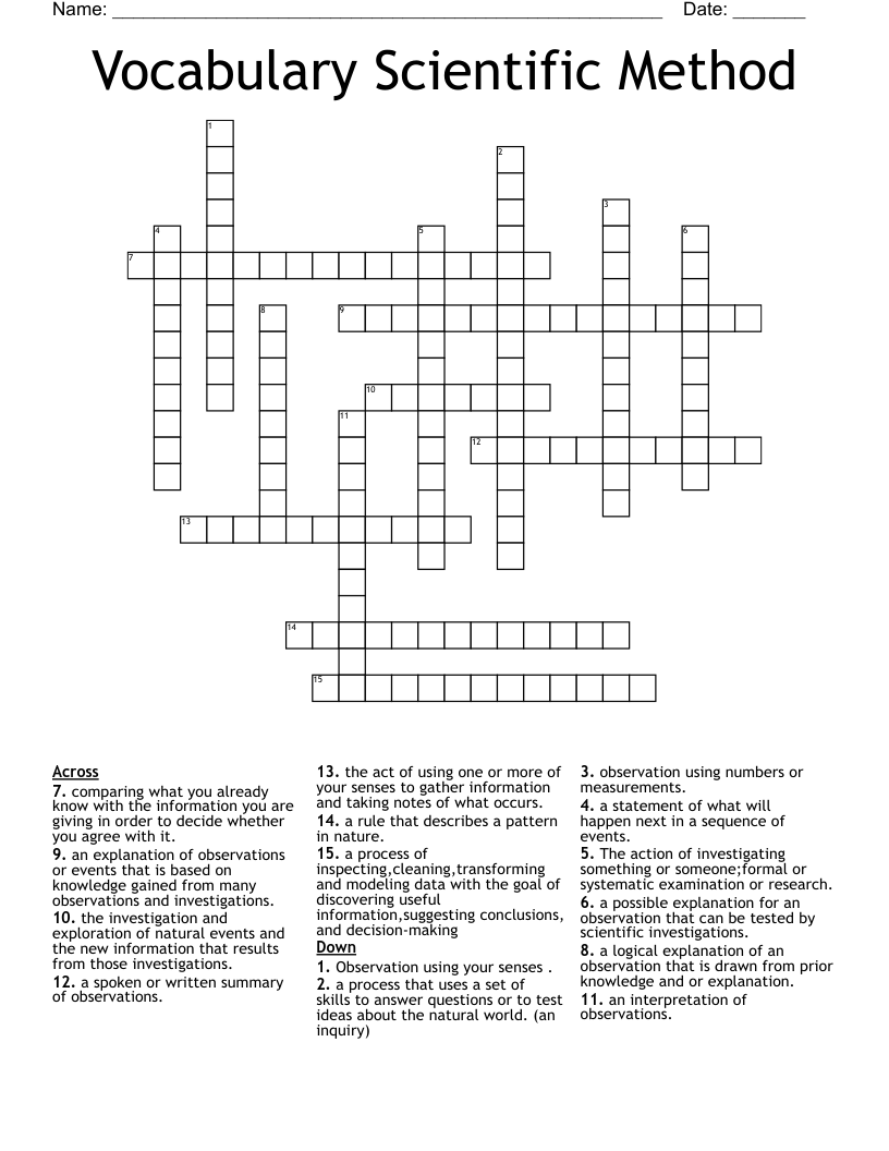 Vocabulary Scientific Method Crossword
