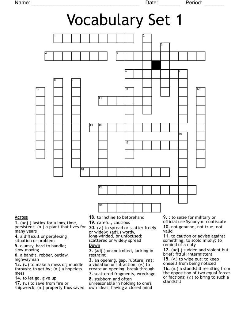 Vocabulary Set 1  Crossword
