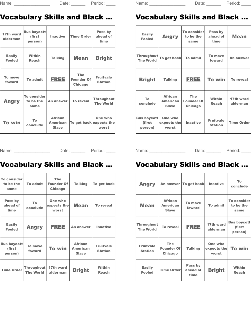 Vocabulary Skills and Black History Bingo Cards