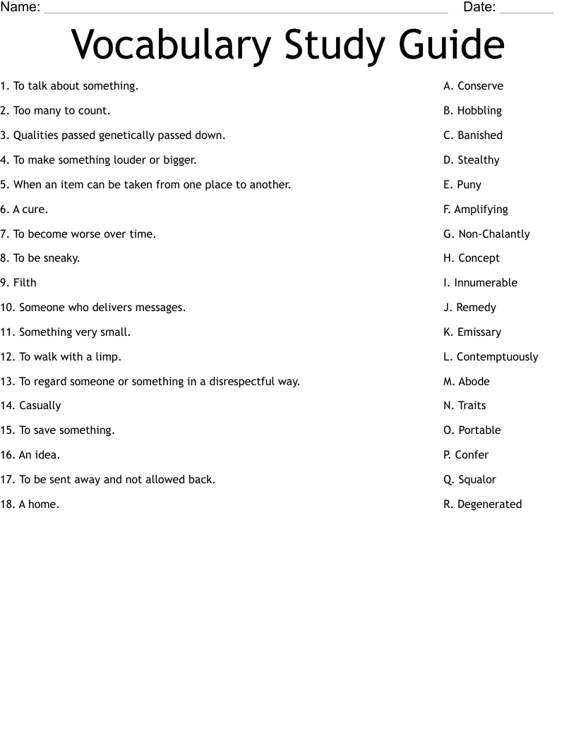 Vocabulary Study Guide Worksheet
