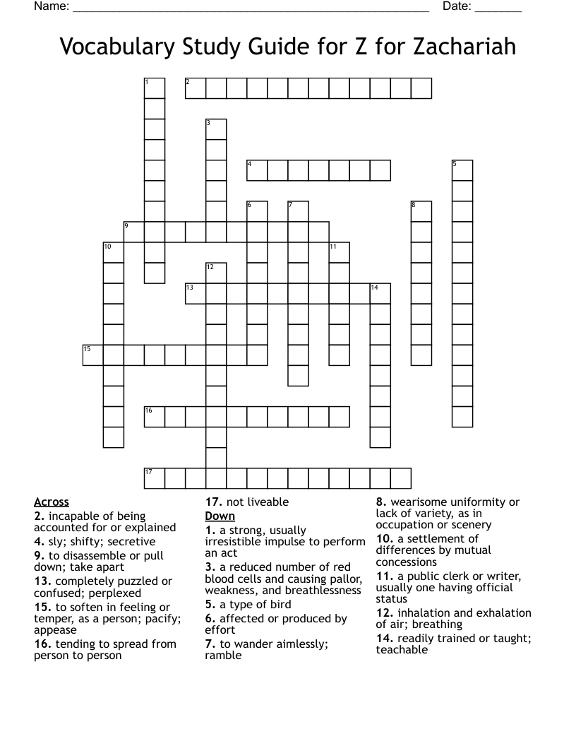 Vocabulary Study Guide for Z for Zachariah Crossword