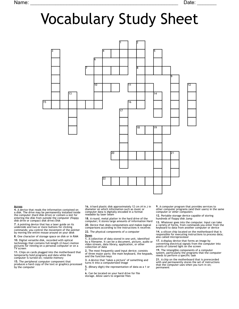 Vocabulary Study Sheet Crossword