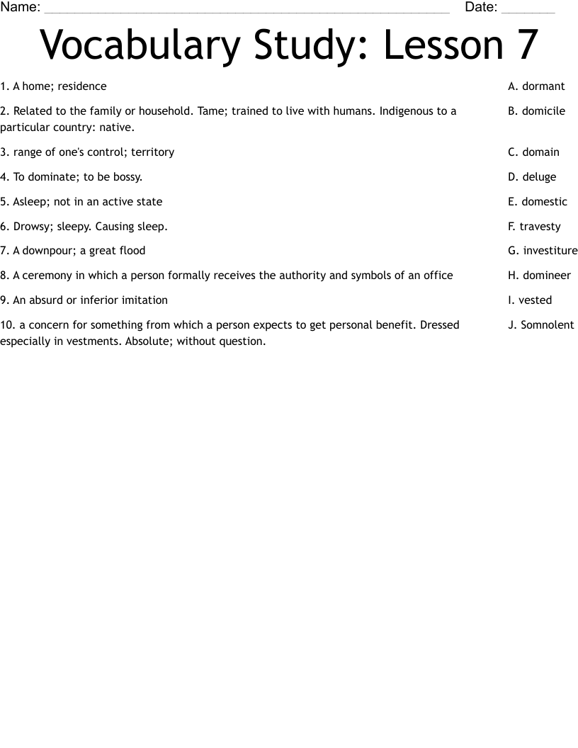 Vocabulary Study:  Lesson 7 Worksheet