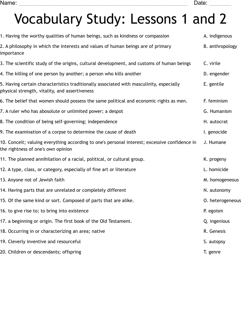 Vocabulary Study:  Lessons 1 and 2 Worksheet