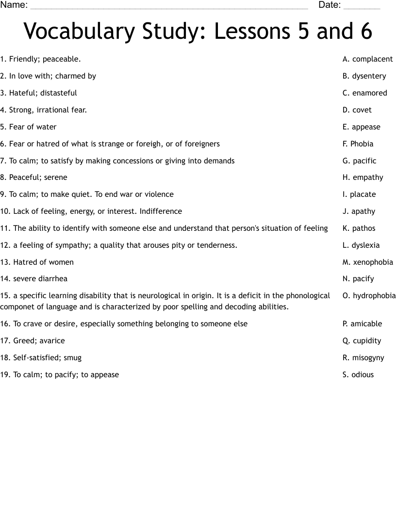 Vocabulary Study:  Lessons 5 and 6 Worksheet