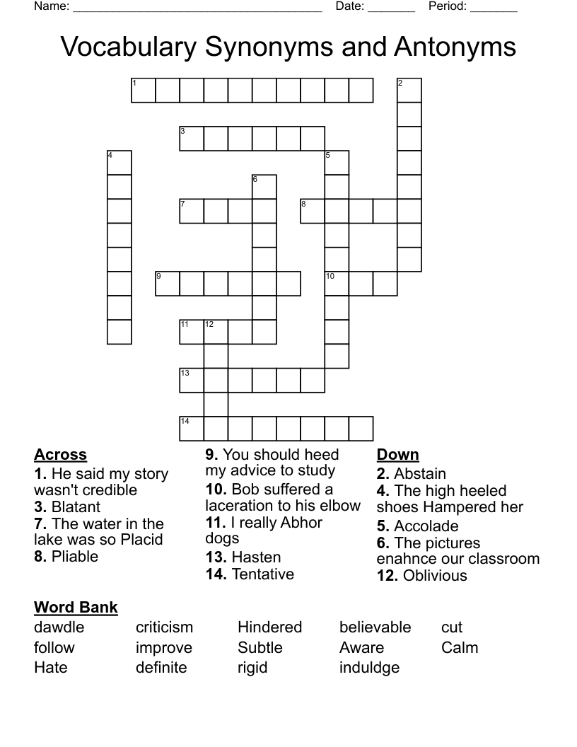 Vocabulary Synonyms and Antonyms Crossword