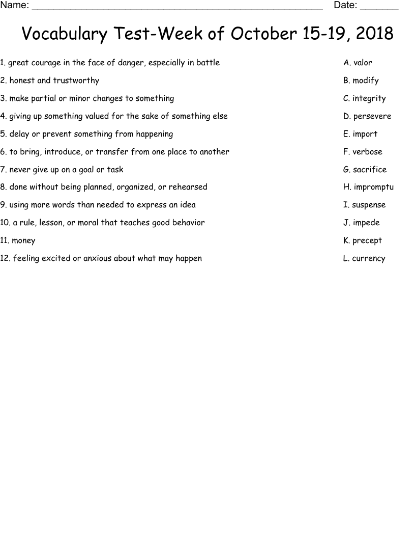 Vocabulary Test-Week of October 15-19, 2018 Worksheet