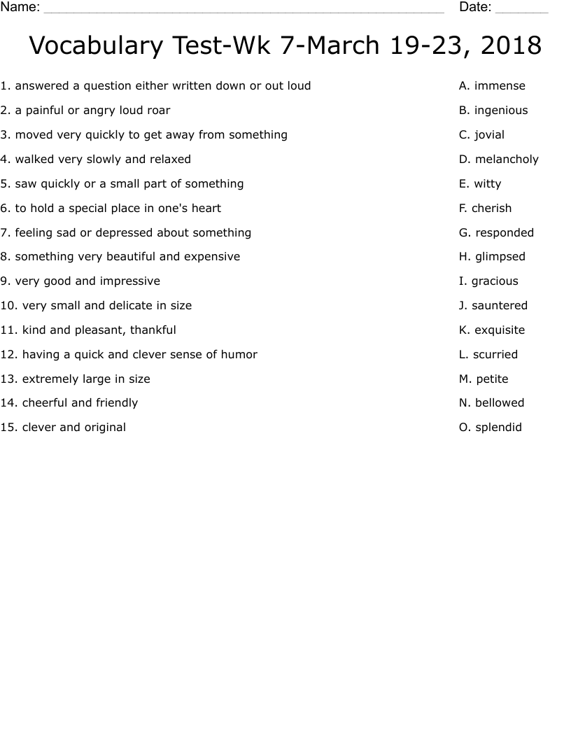 Vocabulary Test-Wk 7-March 19-23, 2018 Worksheet