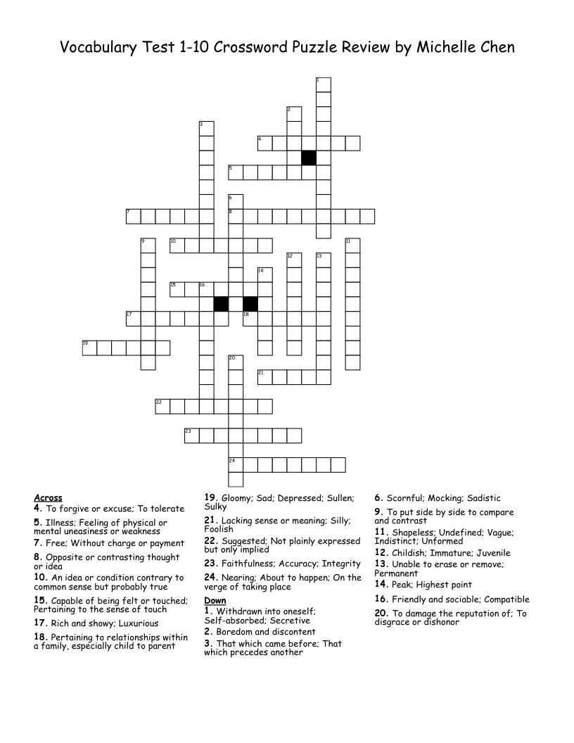 Vocabulary Test 1-10 Crossword Puzzle Review by Michelle Chen
