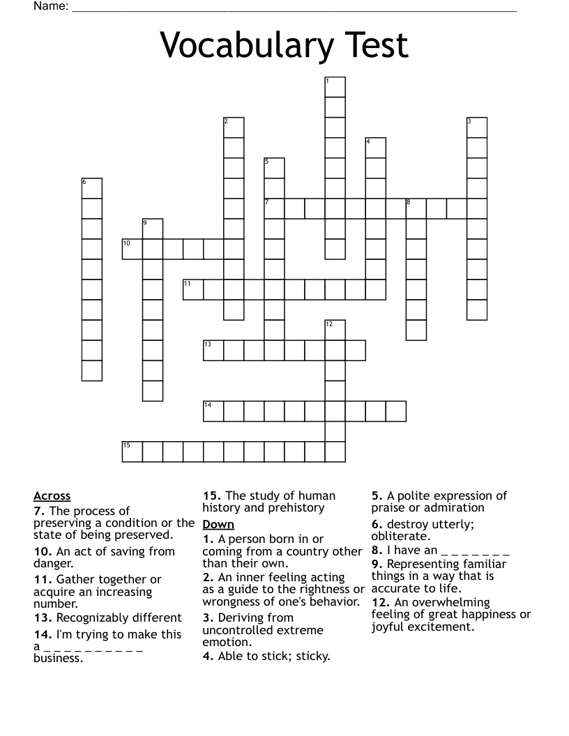 Vocabulary Test Crossword