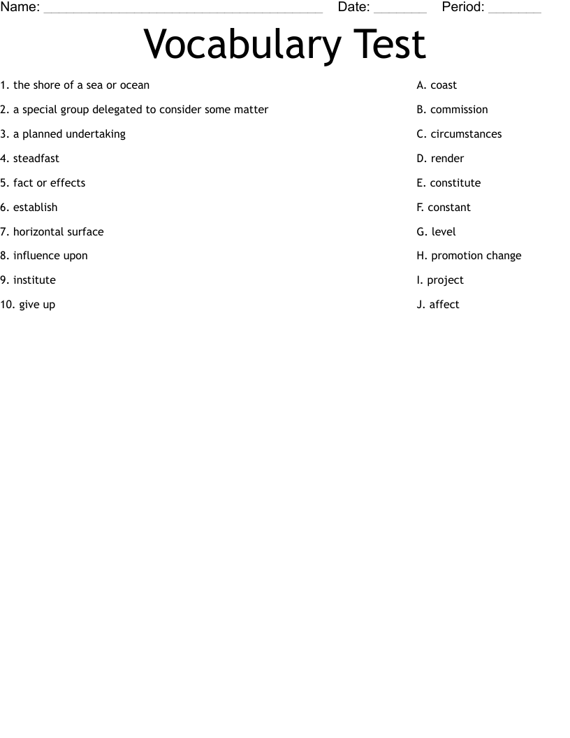 Vocabulary Test Worksheet