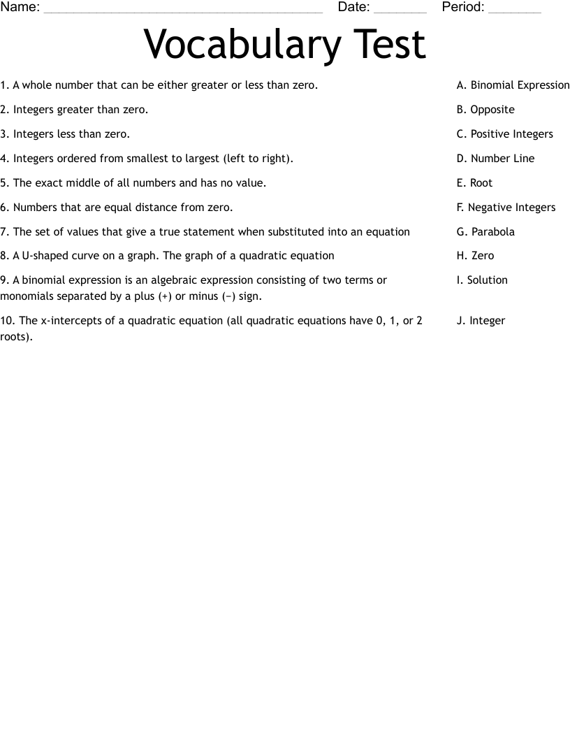 Vocabulary Test Worksheet