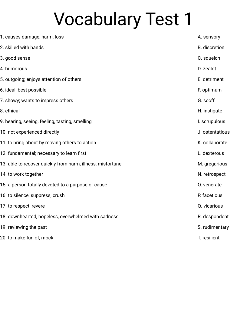 Vocabulary Test 1 Worksheet