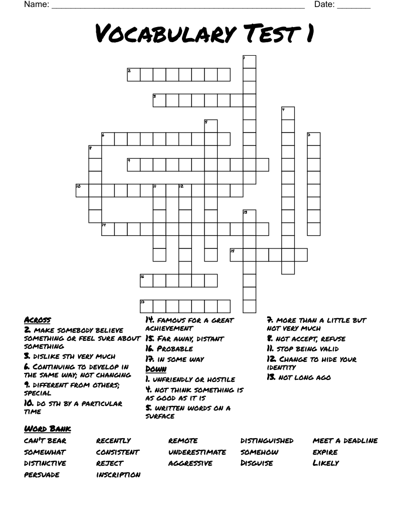 Vocabulary Test 1 Crossword