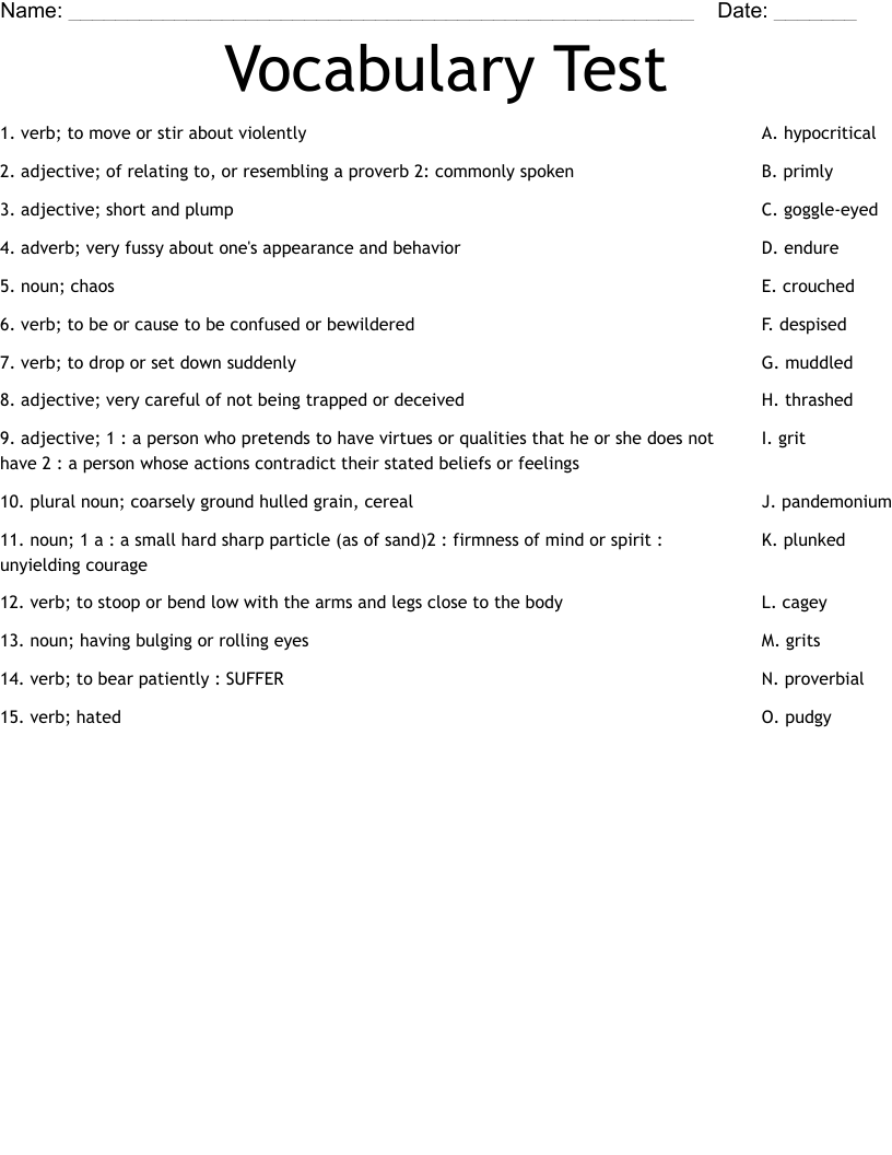 Vocabulary Test Worksheet