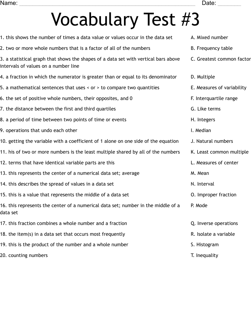 Vocabulary Test #3 Worksheet