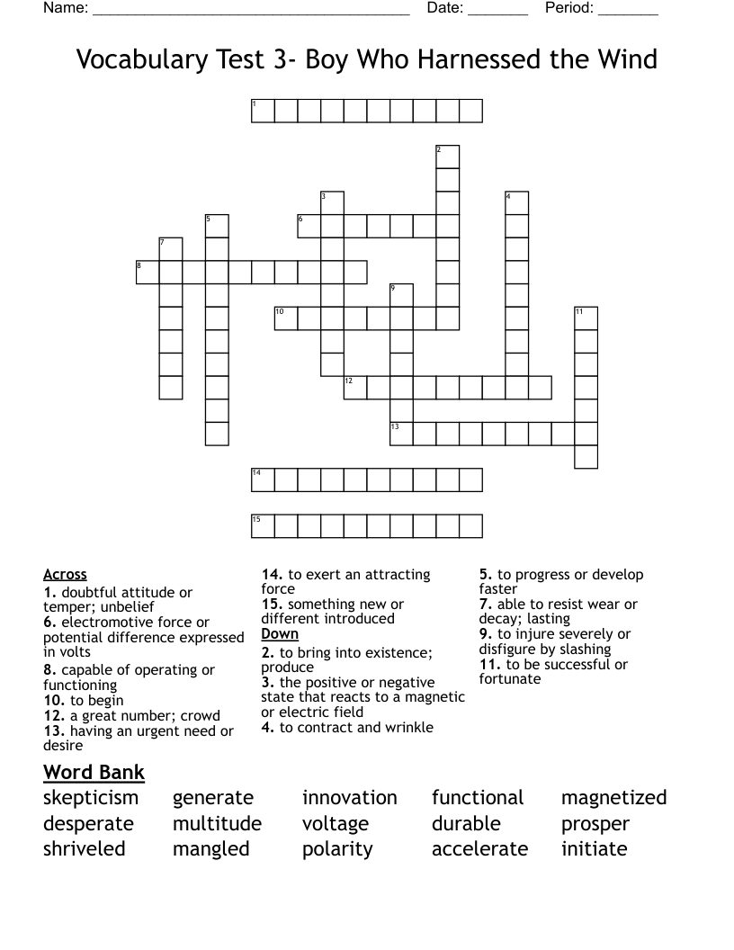 Vocabulary Test 3- Boy Who Harnessed the Wind Crossword