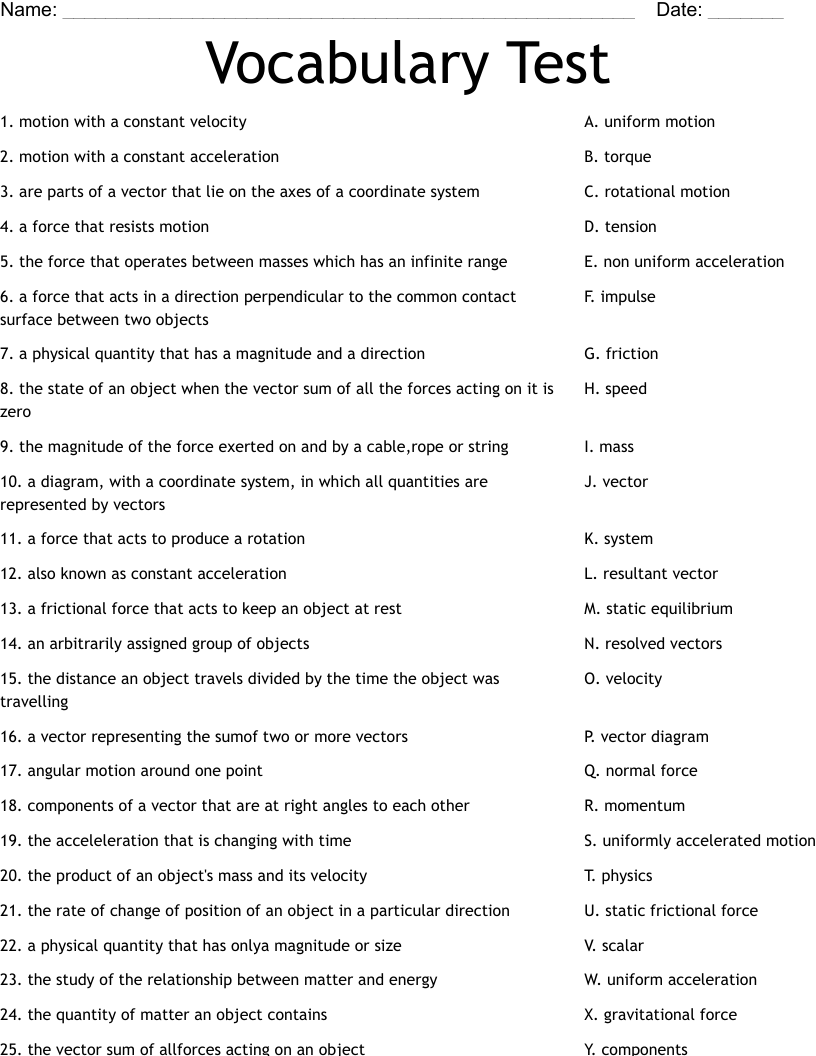 Vocabulary Test Worksheet
