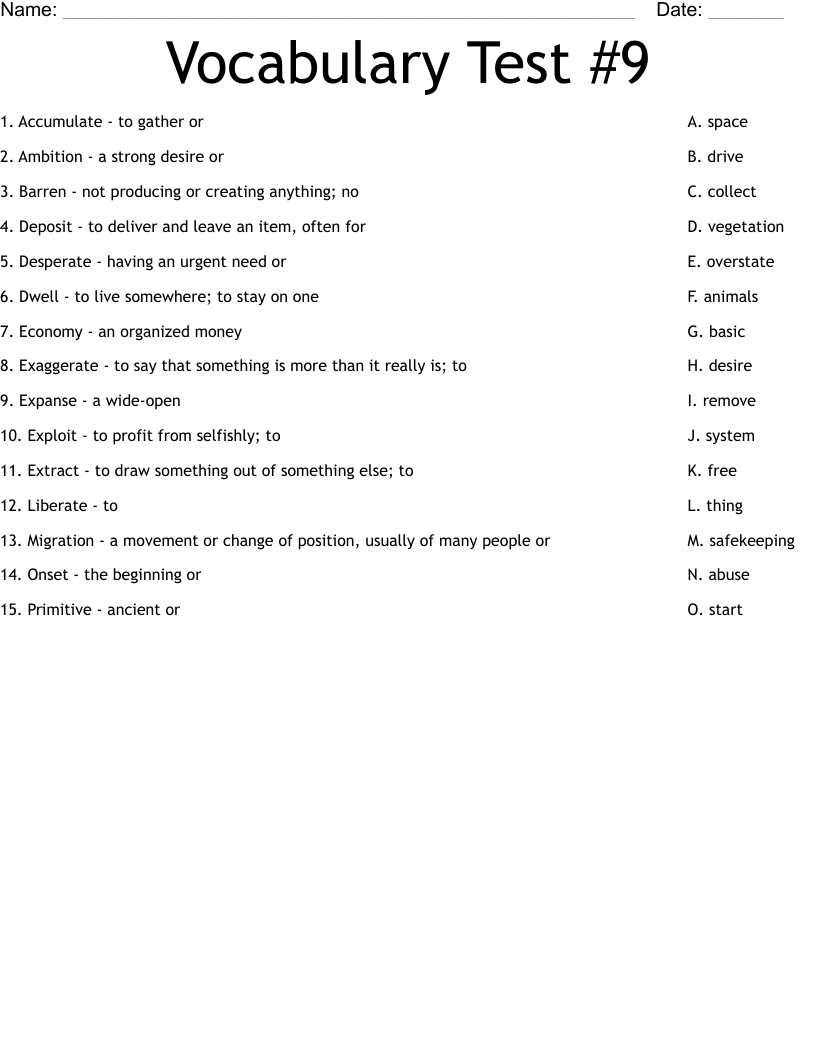 Vocabulary Test #9 Worksheet