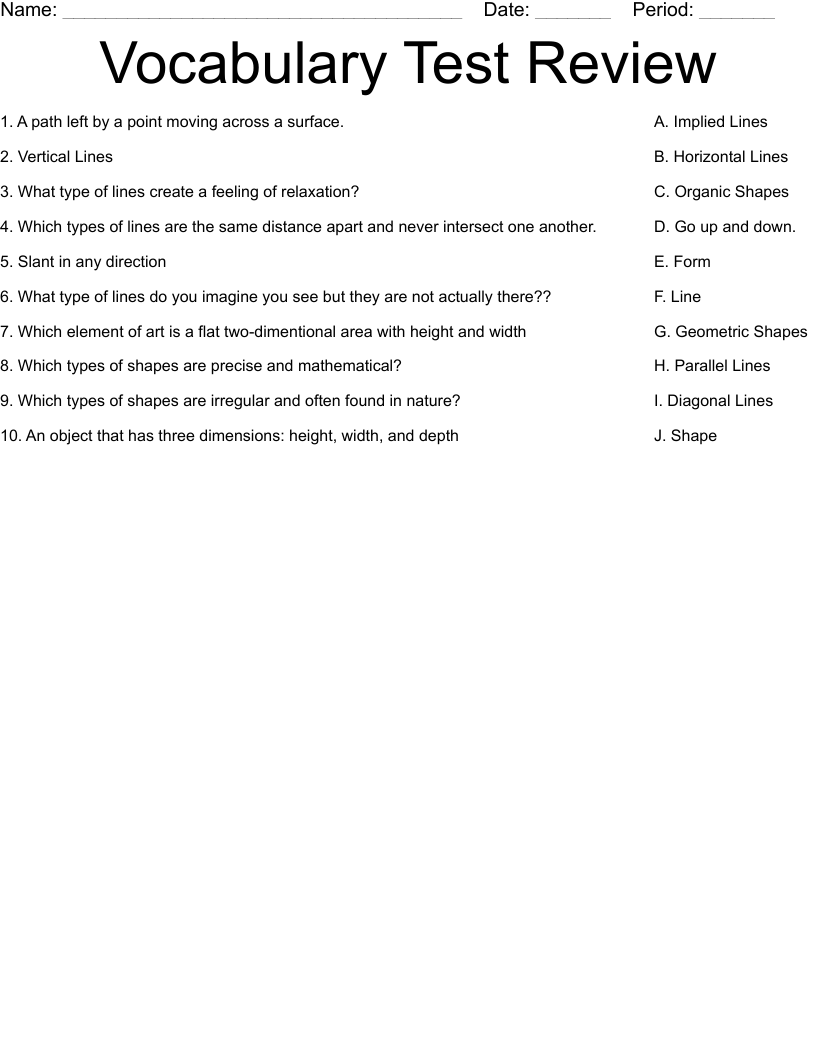Vocabulary Test Review Worksheet