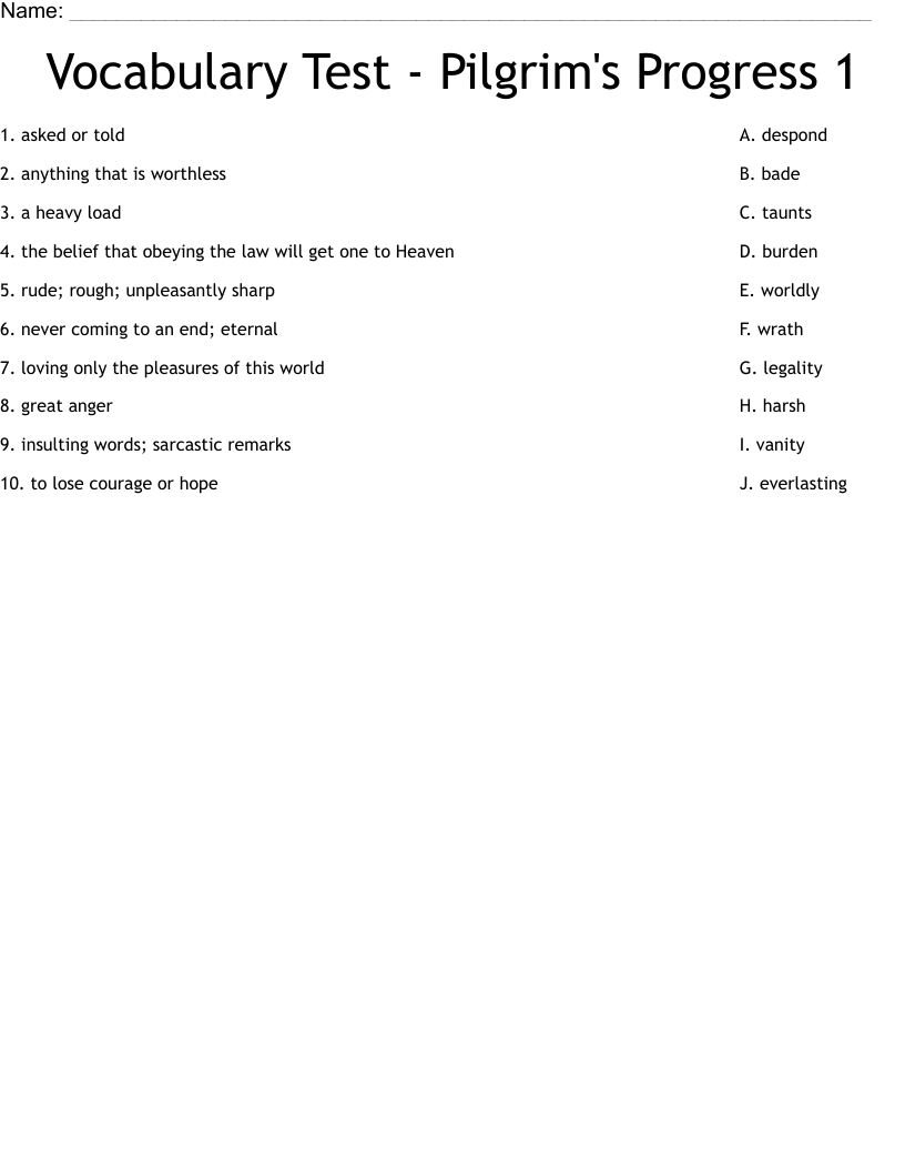 Vocabulary Test - Pilgrim's Progress 1 Worksheet