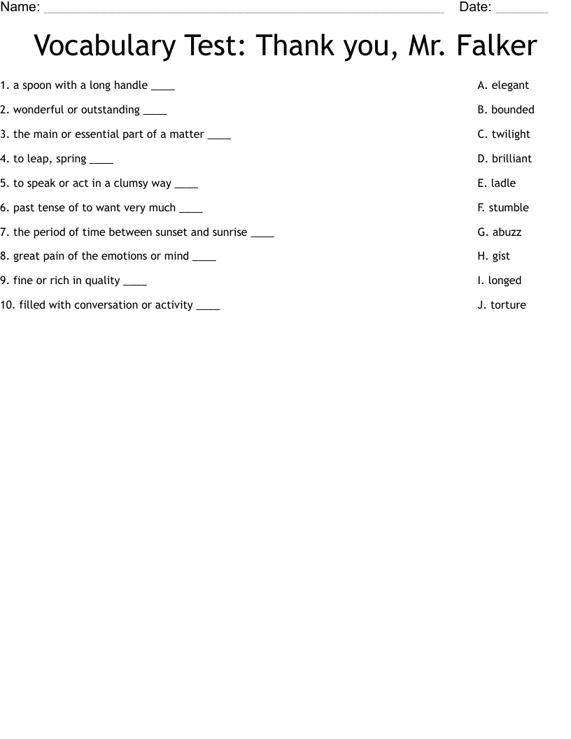 Vocabulary Test:  Thank you, Mr. Falker Worksheet