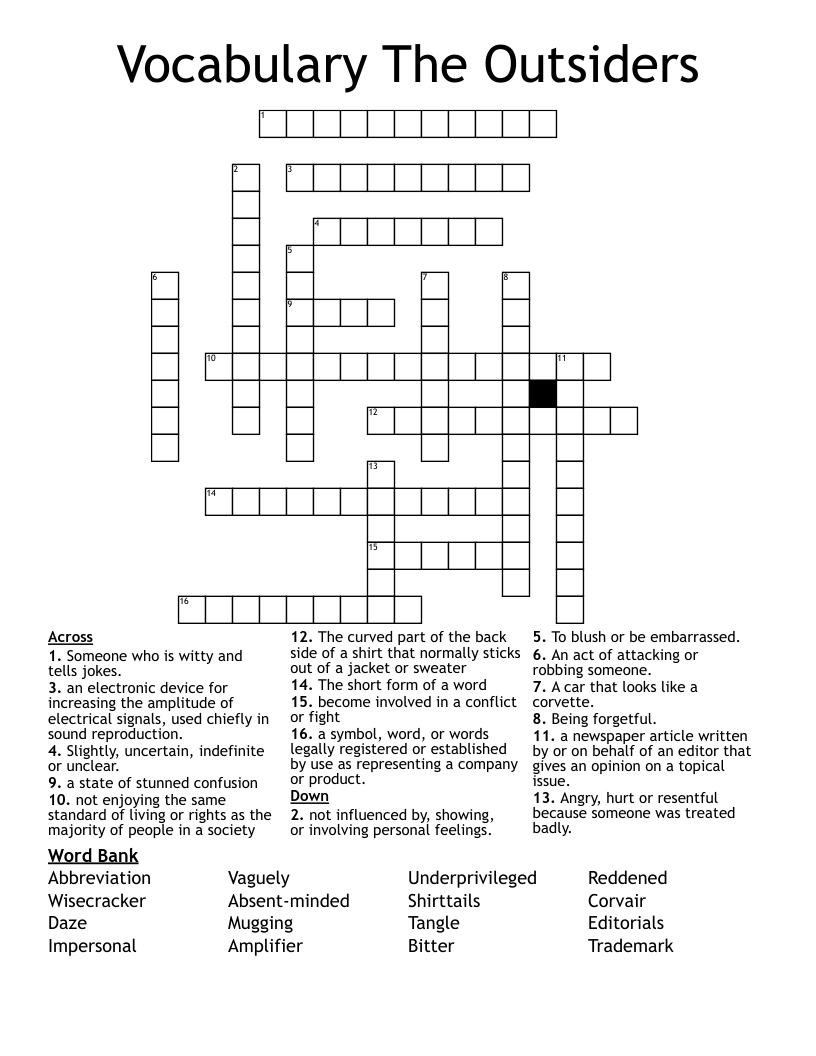 Vocabulary The Outsiders Crossword