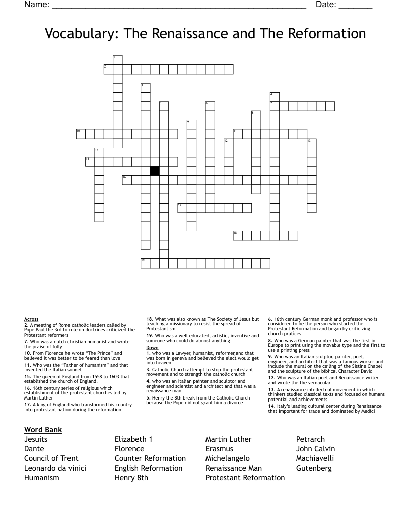 Vocabulary: The Renaissance and The Reformation  Crossword