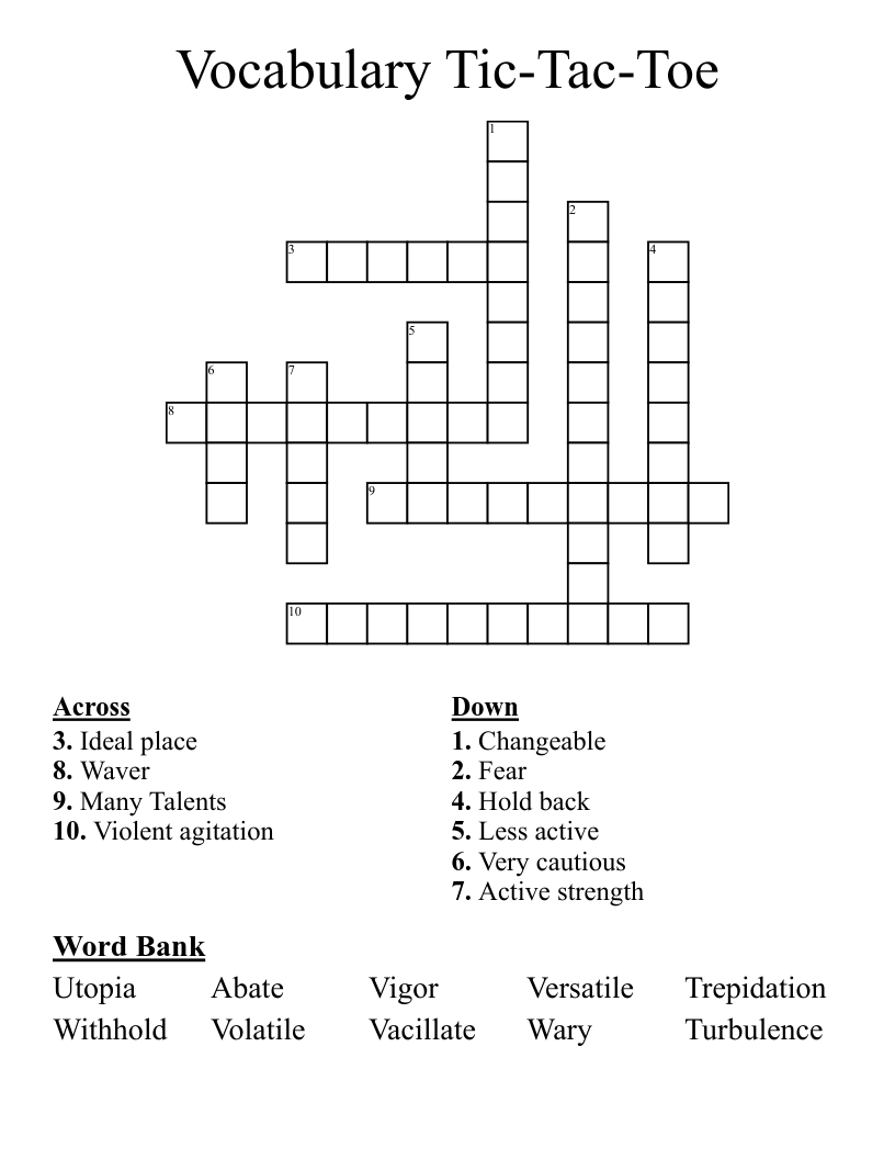 Vocabulary Tic-Tac-Toe Crossword