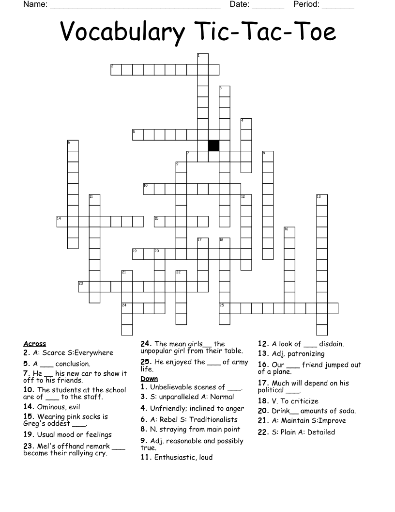 Vocabulary Tic-Tac-Toe Crossword