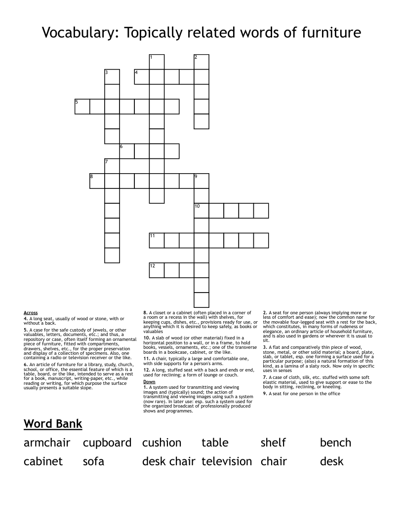 Vocabulary: Topically related words of furniture Crossword