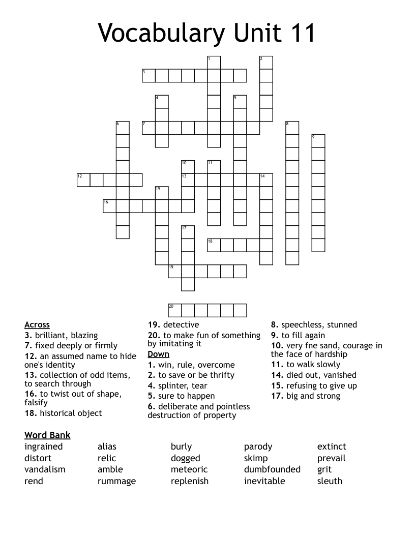 Vocabulary Unit 11 Crossword