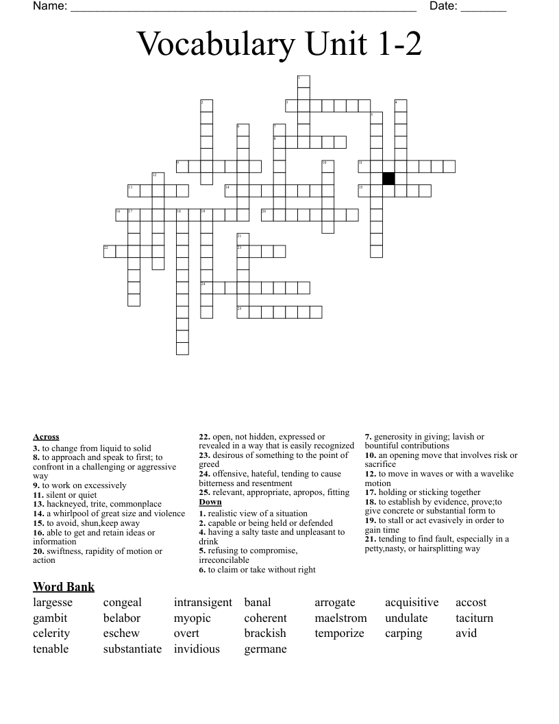 Vocabulary Unit 1-2 Crossword