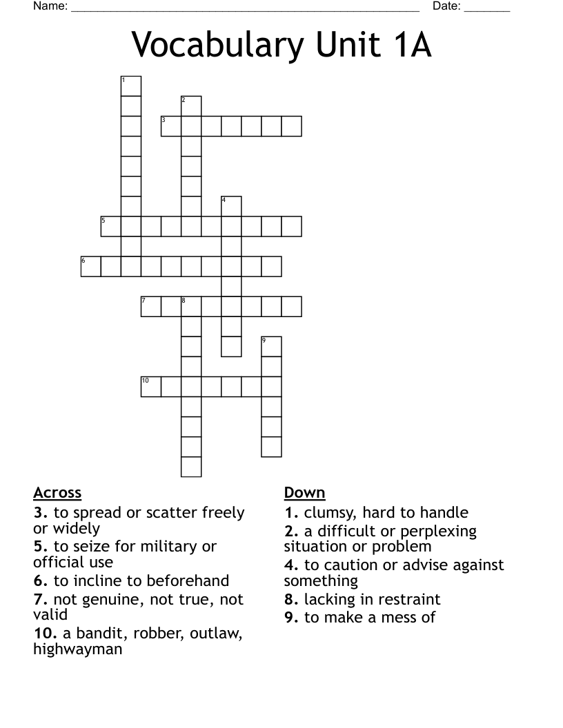 Vocabulary Unit 1A Crossword